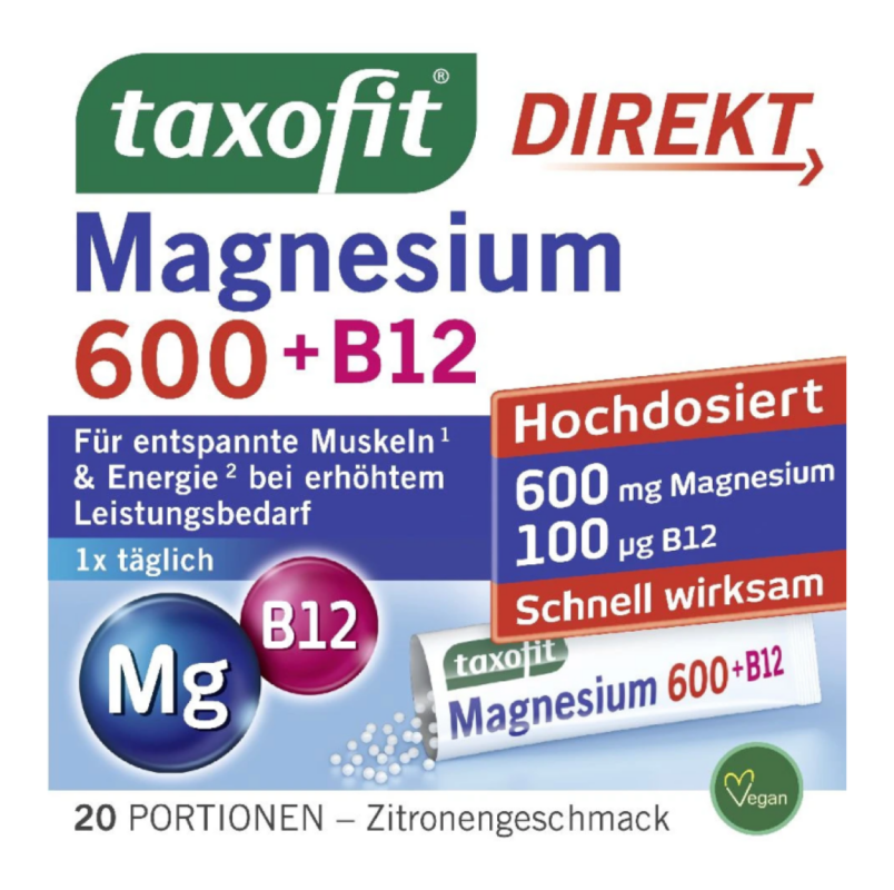 Taxofit Magnesium 600 + B12 Direktsticks – Μαγνήσιο & Βιταμίνη B12 σε Φακελίσκους Λεμόνι 20 τεμ.